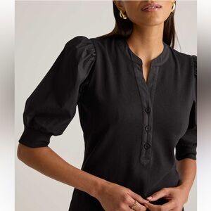 Quince mixed media puff sleeve cotton top in black XS
